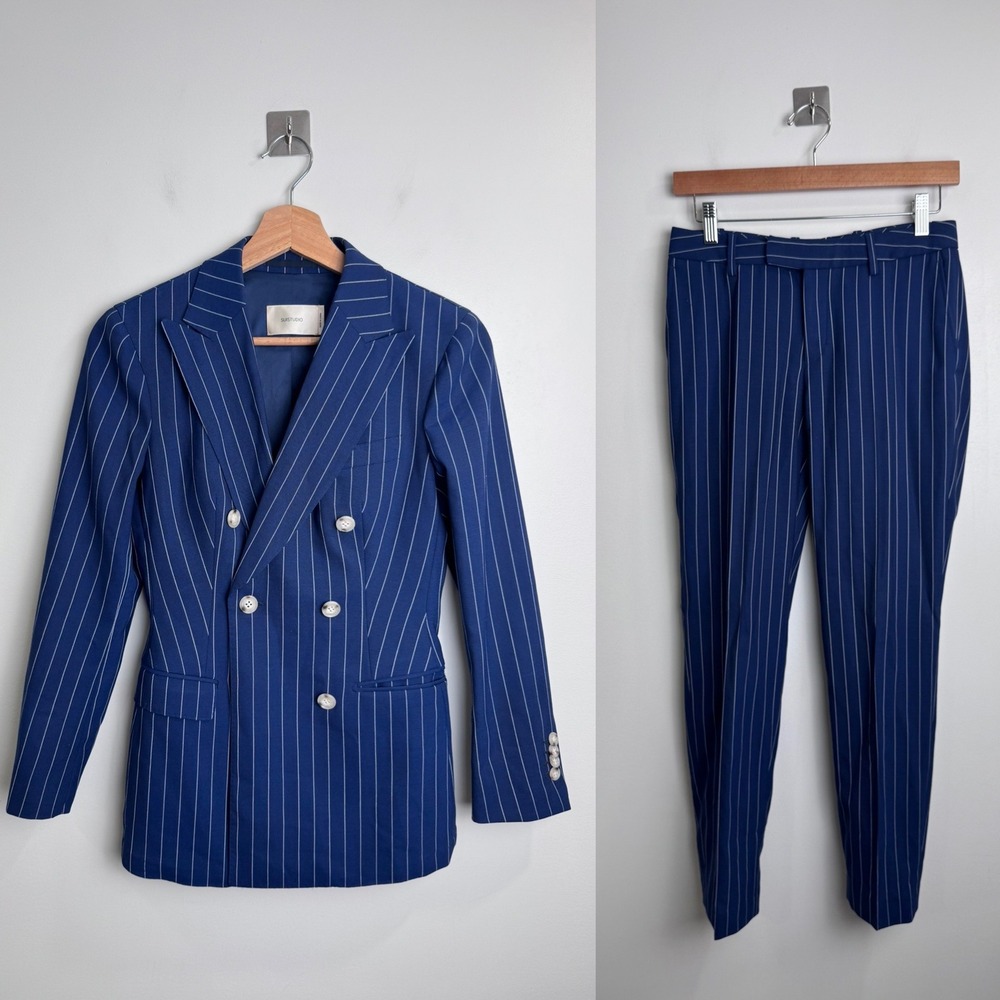 Suistudio Womens Blue Pinstripe Double Breasted Blazer Trousers Suit Set 34S